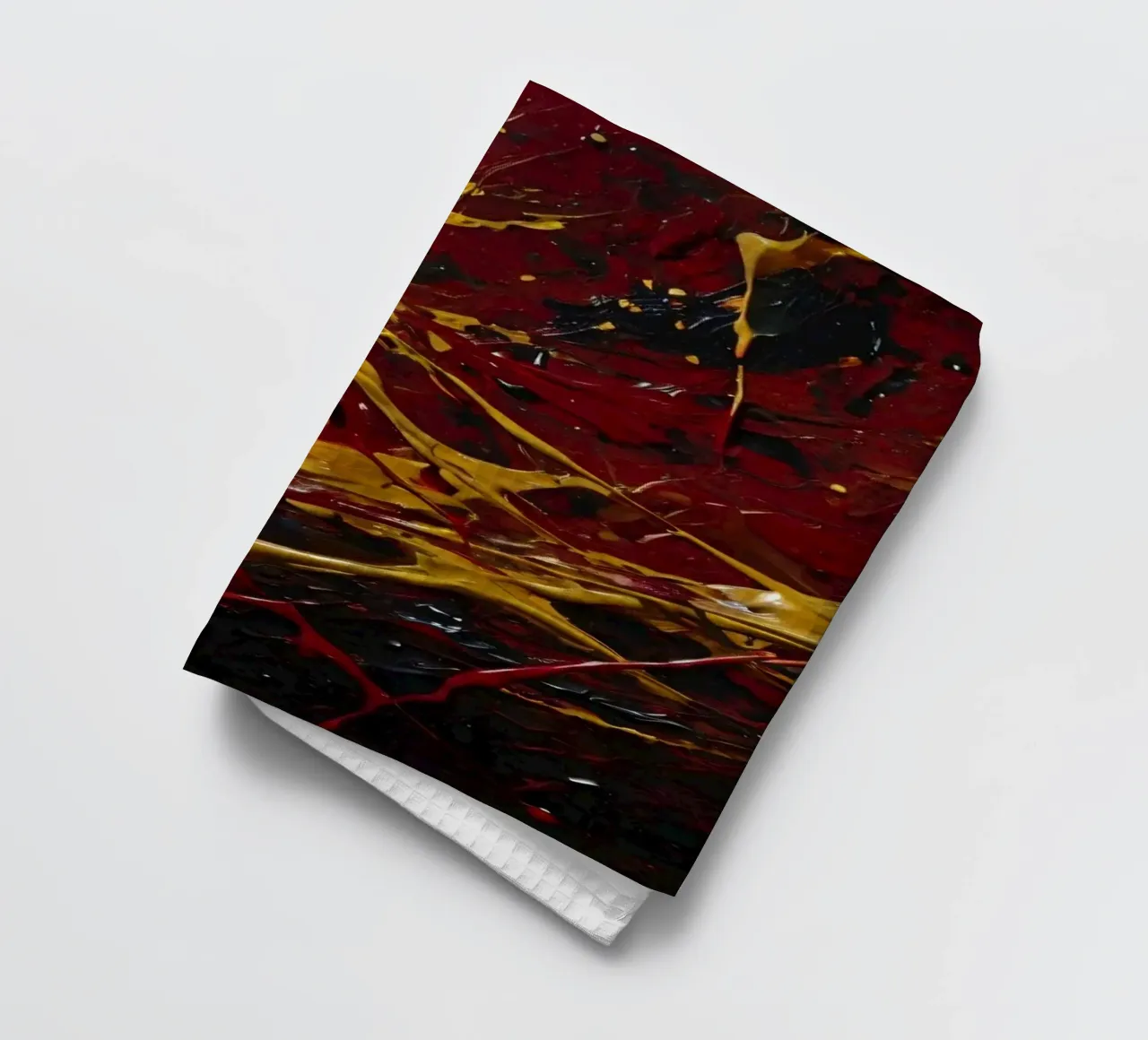 abstract painting featuring dynamic splashes of red, black tea towel by DesignDoodle