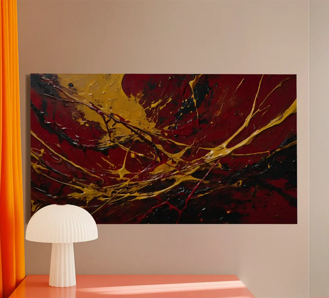 abstract painting featuring dynamic splashes of red, black canvas by DesignDoodle