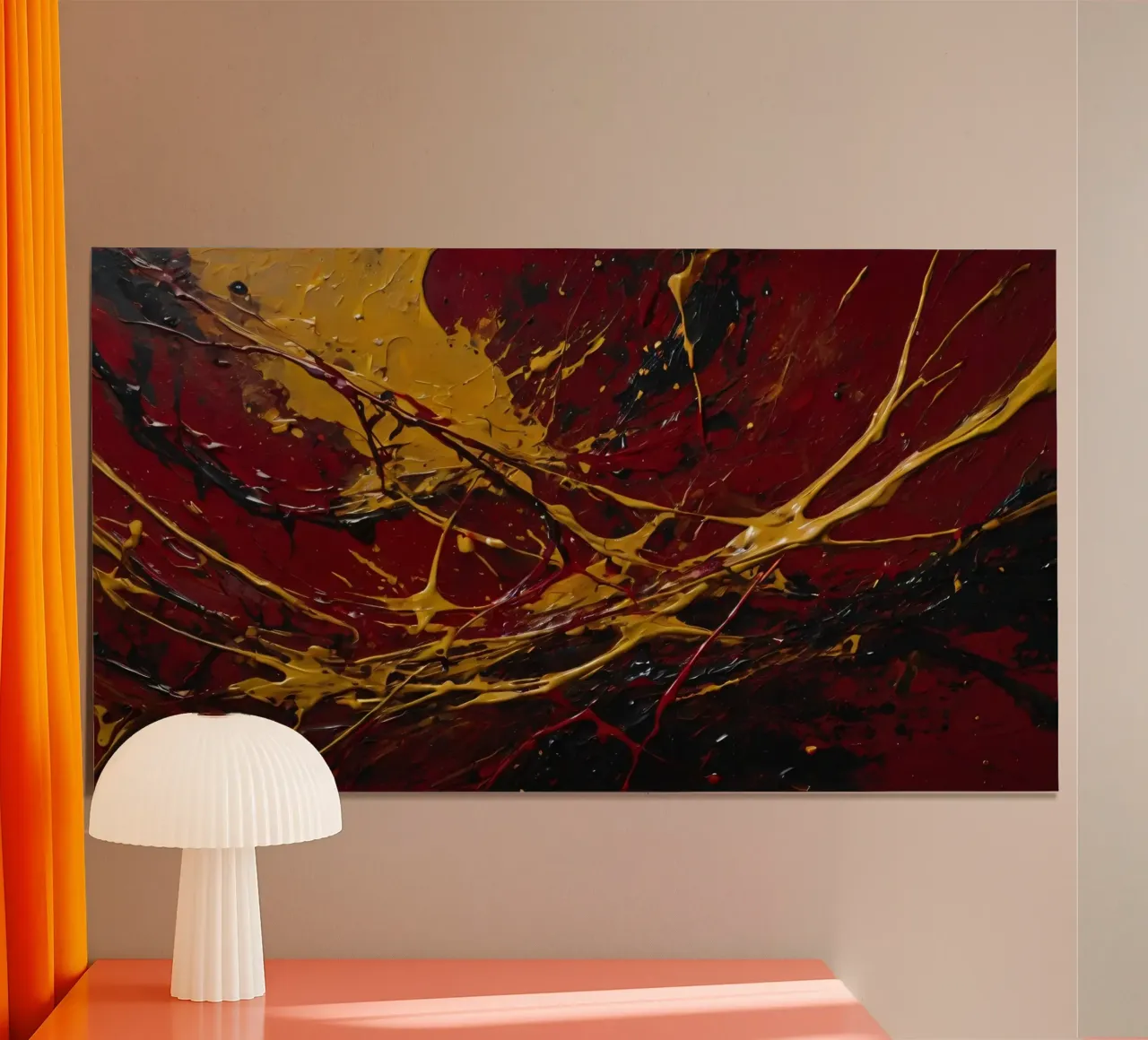 abstract painting featuring dynamic splashes of red, black hahnemühle by DesignDoodle