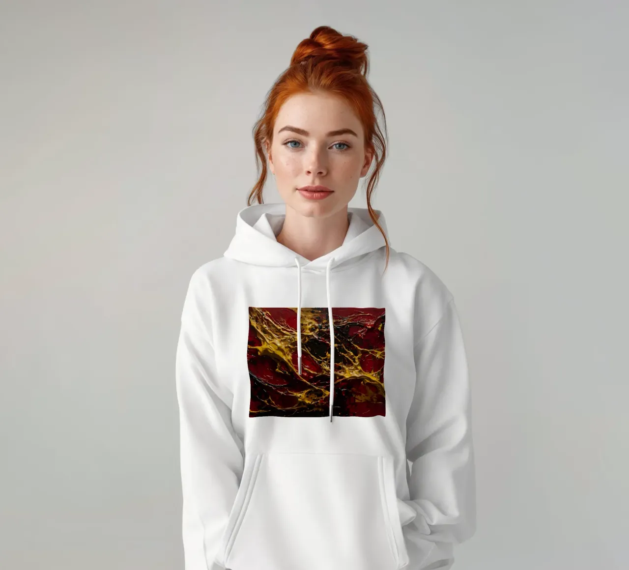Abstract expressionist artwork featuring vibrant red, black, hoodie by DesignDoodle