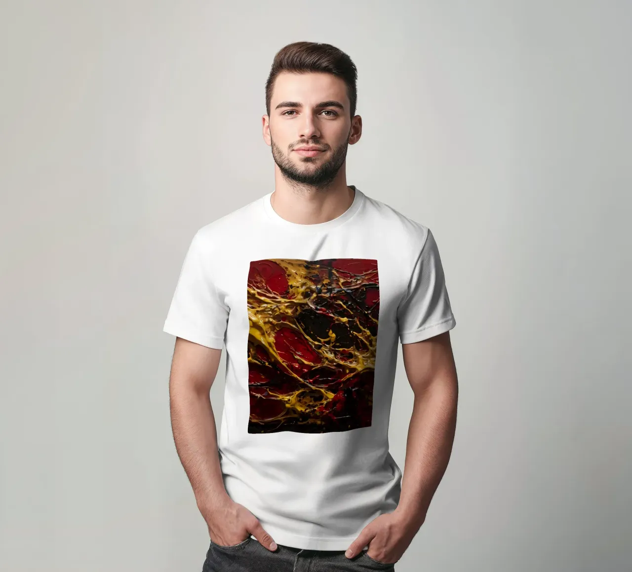 Abstract expressionistisch kunstwerk met levendig rood, zwart, t-shirt van DesignDoodle