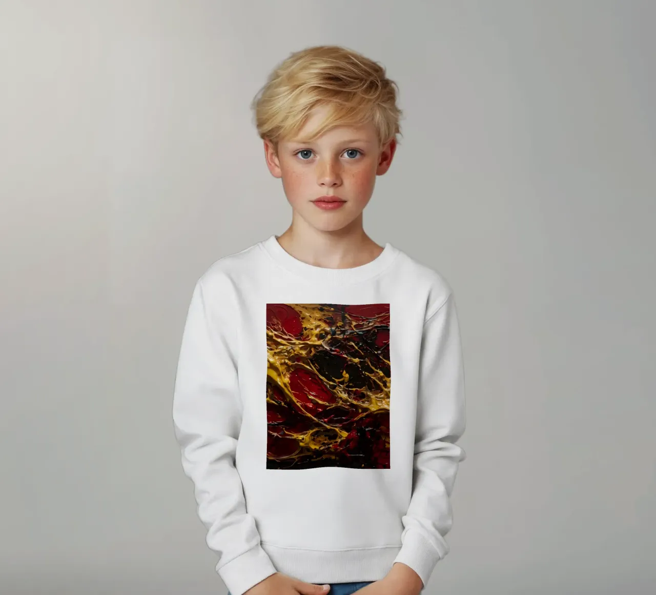 Abstraktes expressionistisches Kunstwerk mit leuchtendem Rot und Schwarz, Kinder Sweatshirt von DesignDoodle
