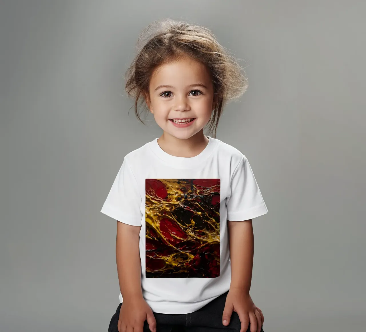 Abstract expressionistisch kunstwerk met levendig rood, zwart, kinder t-shirt van DesignDoodle