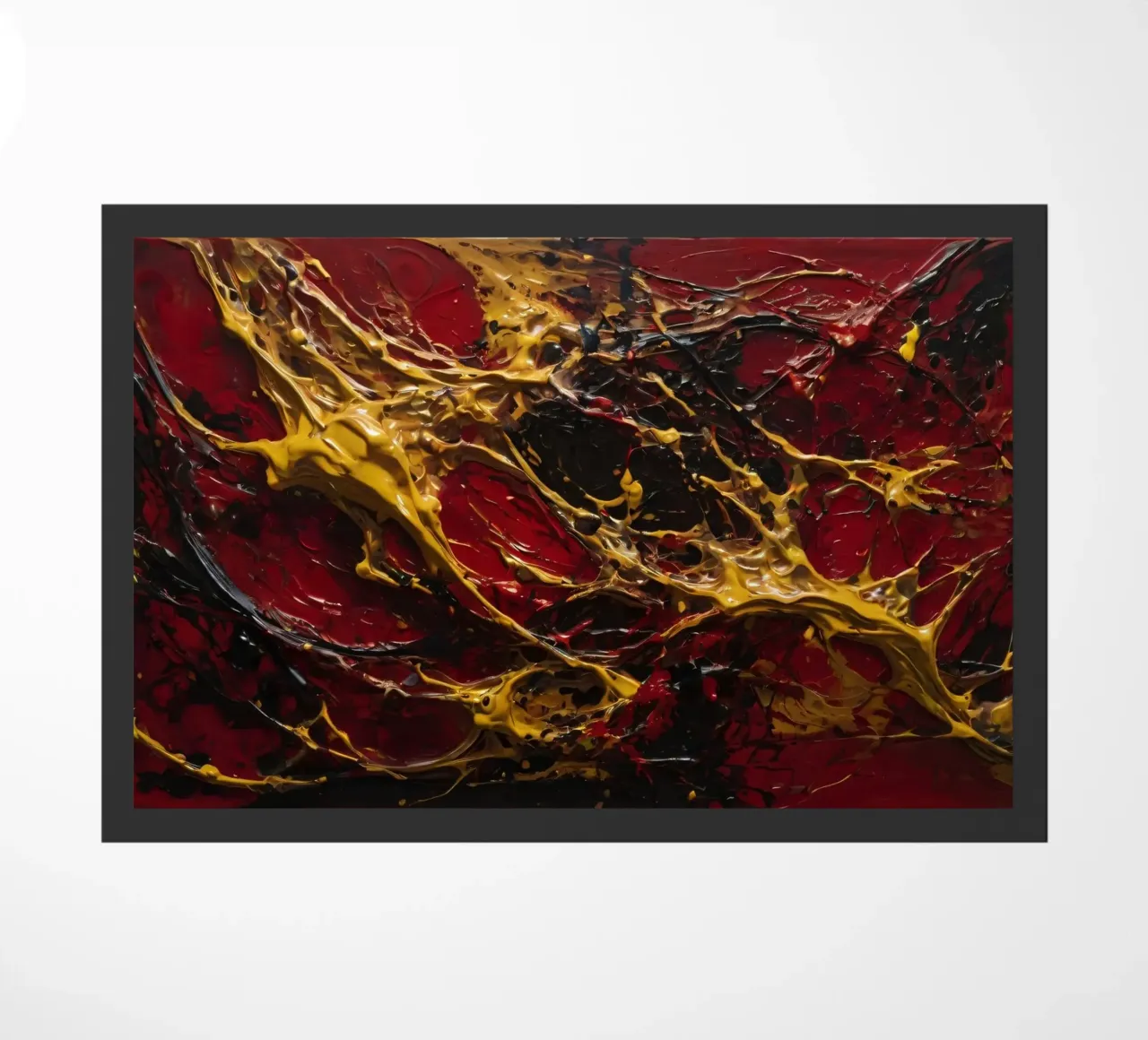 Opera d'arte espressionista astratta con colori vivaci rosso e nero, zerbino da DesignDoodle