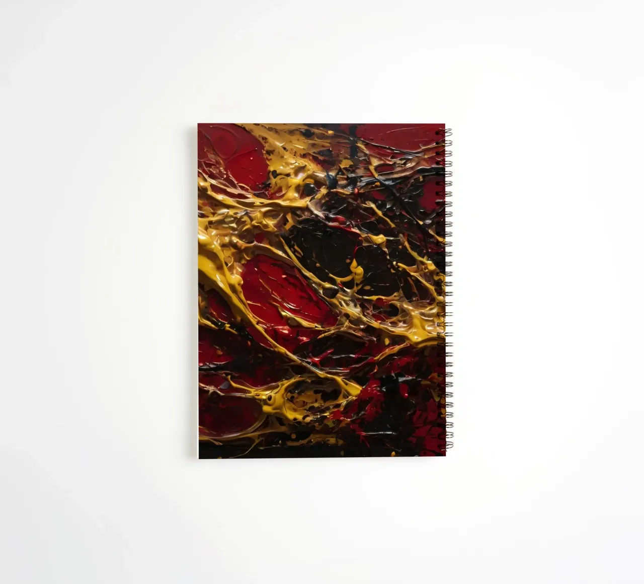 Abstract expressionist artwork featuring vibrant red, black, spiral notebook by DesignDoodle