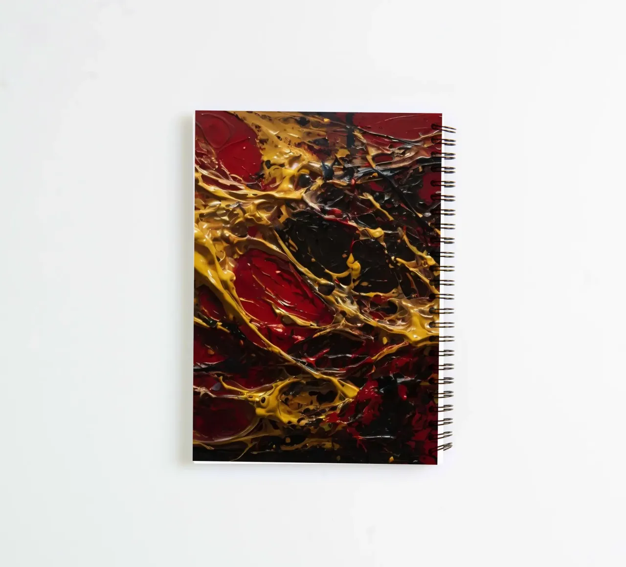 Abstract expressionist artwork featuring vibrant red, black, spiral notebook by DesignDoodle