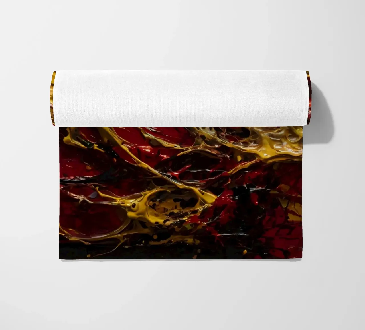 Abstract expressionist artwork featuring vibrant red, black, beach towel by DesignDoodle