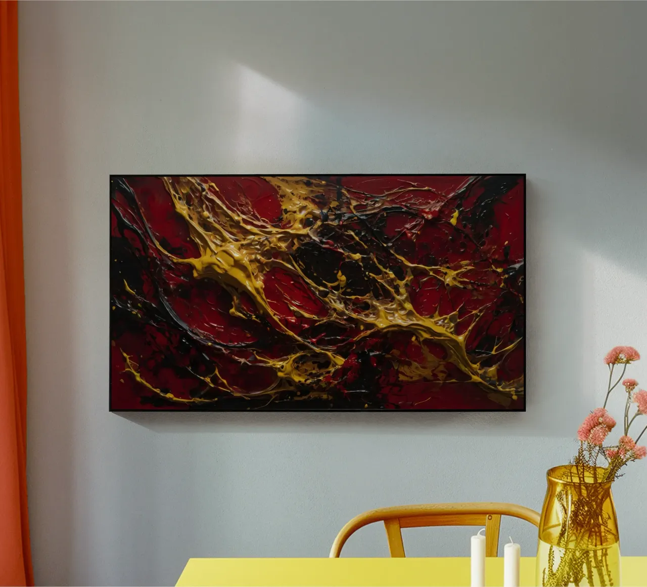 Abstract expressionist artwork featuring vibrant red, black, acrylic glass by DesignDoodle