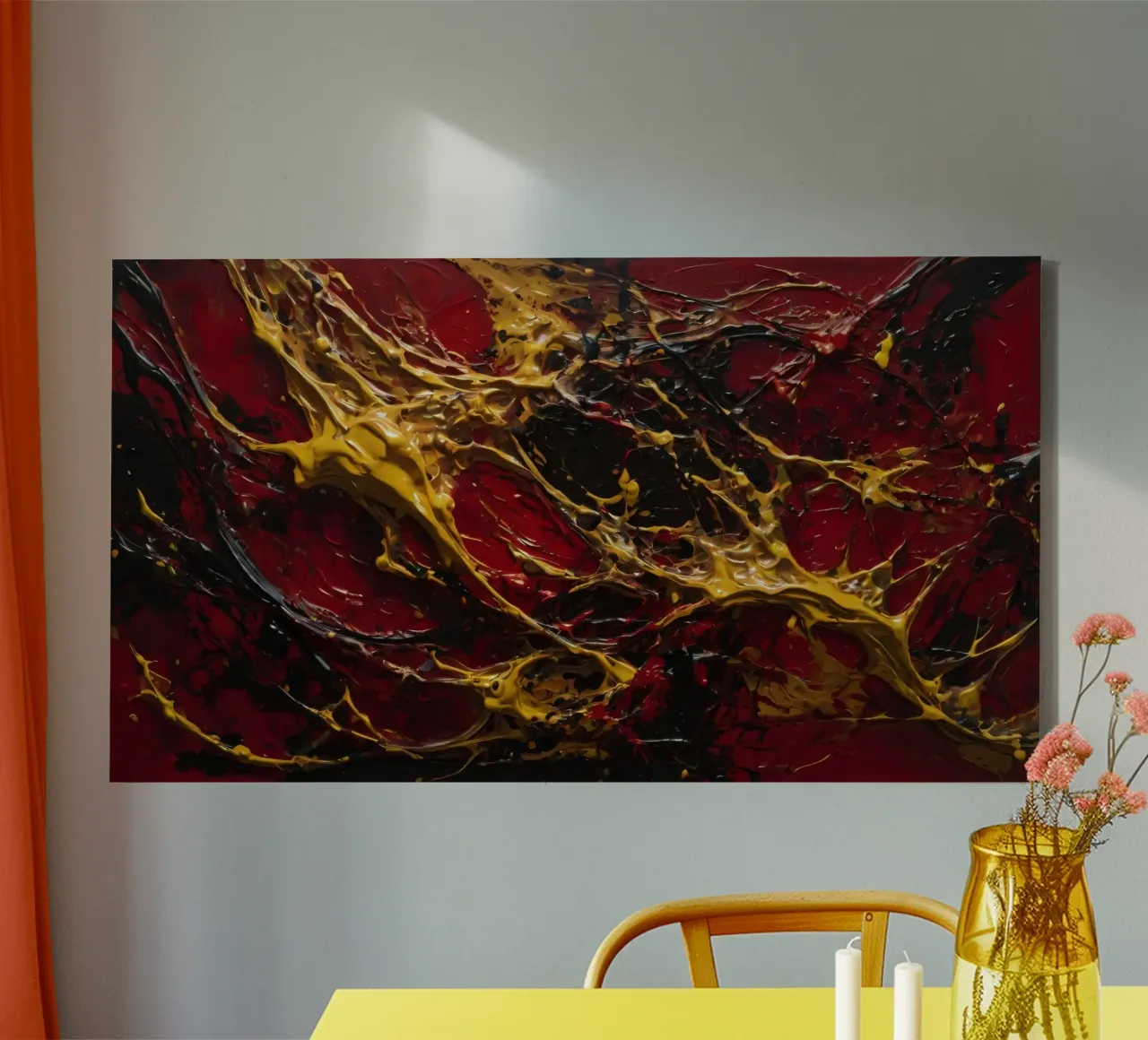 Abstract expressionistisch kunstwerk met levendig rood, zwart, canvas van DesignDoodle
