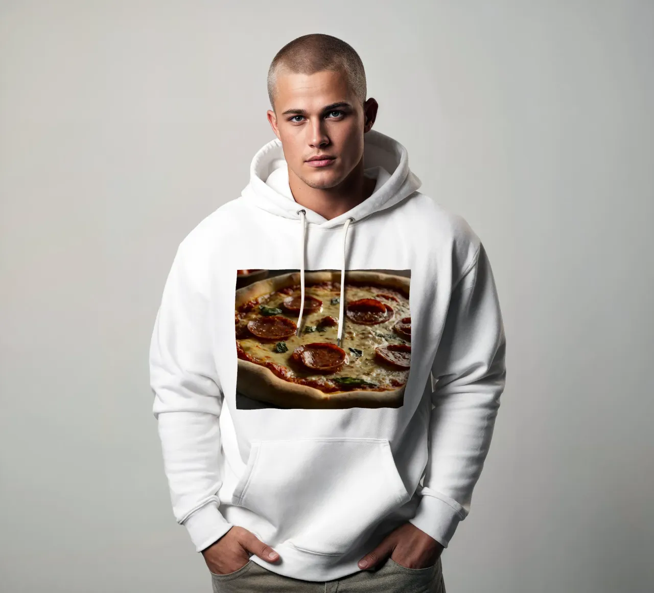 Deliziosa pizza al salame piccante condita con basilico fresco servita felpa con cappuccio da DesignDoodle
