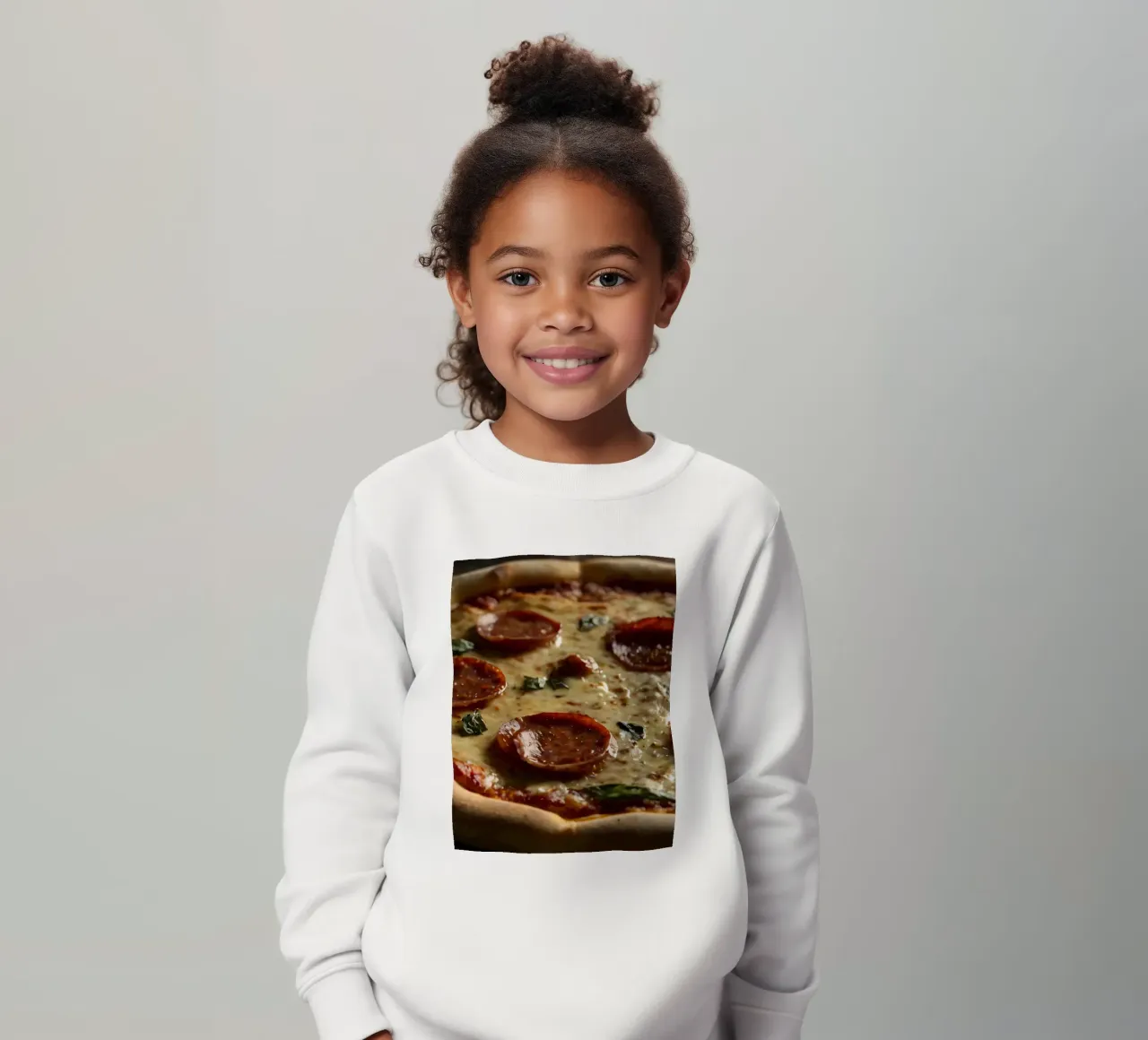 Deliziosa pizza al salame piccante condita con basilico fresco servita felpa bambino da DesignDoodle