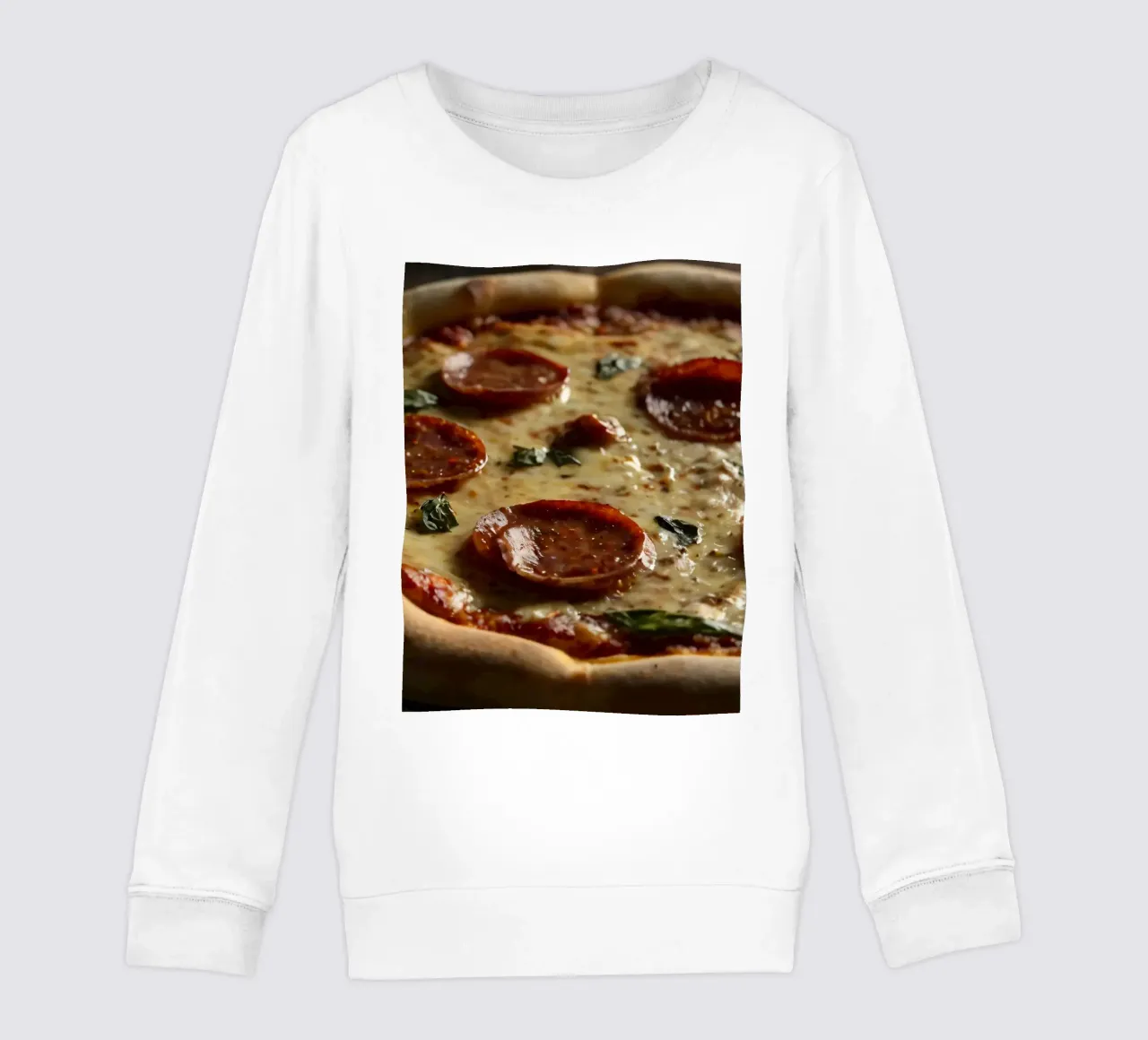 Deliziosa pizza al salame piccante condita con basilico fresco servita felpa bambino da DesignDoodle