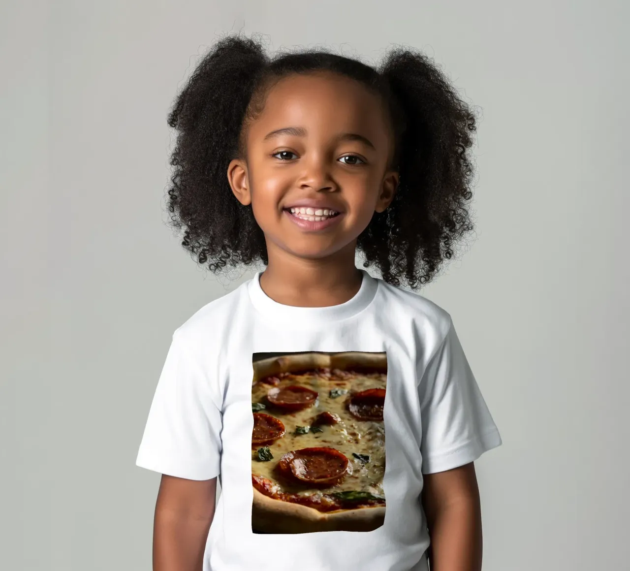 Deliziosa pizza al salame piccante condita con basilico fresco servita t-shirt bambini da DesignDoodle