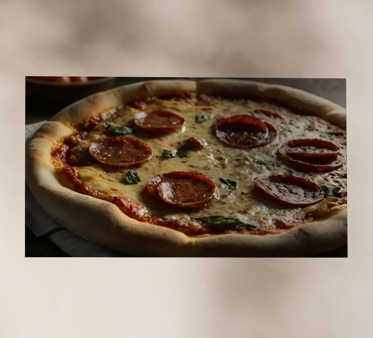 Deliziosa pizza al salame piccante condita con basilico fresco servita pellicola backlit da DesignDoodle