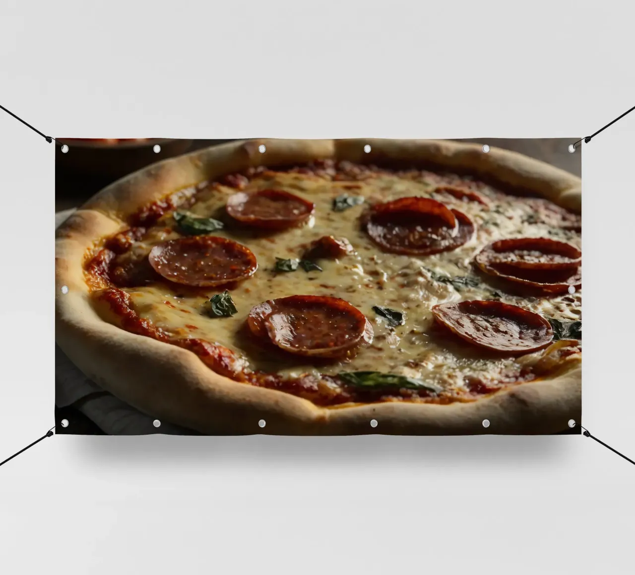 Deliziosa pizza al salame piccante condita con basilico fresco servita telo in pvc da DesignDoodle
