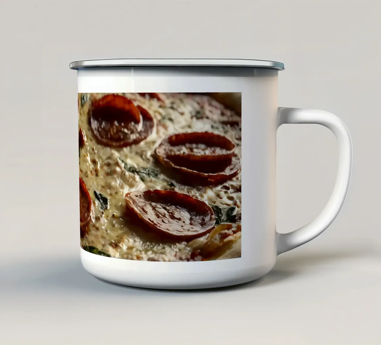 Deliziosa pizza al salame piccante condita con basilico fresco servita tazza in smalto da DesignDoodle