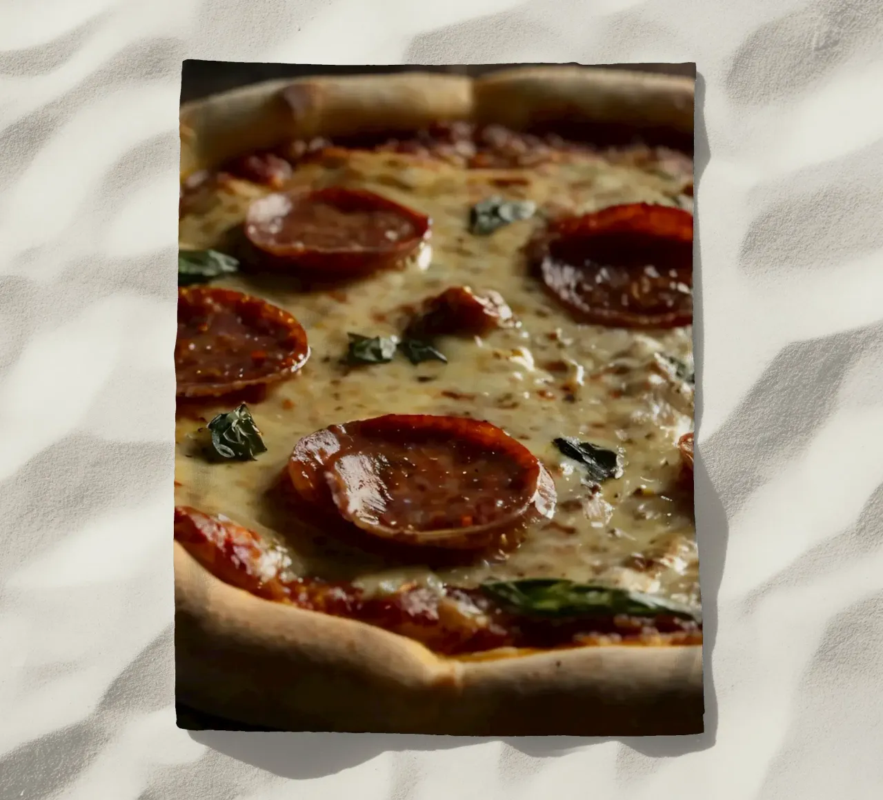 Deliziosa pizza al salame piccante condita con basilico fresco servita telo mare da DesignDoodle