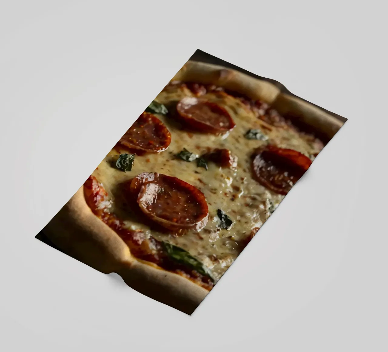 Deliziosa pizza al salame piccante condita con basilico fresco servita telo mare da DesignDoodle