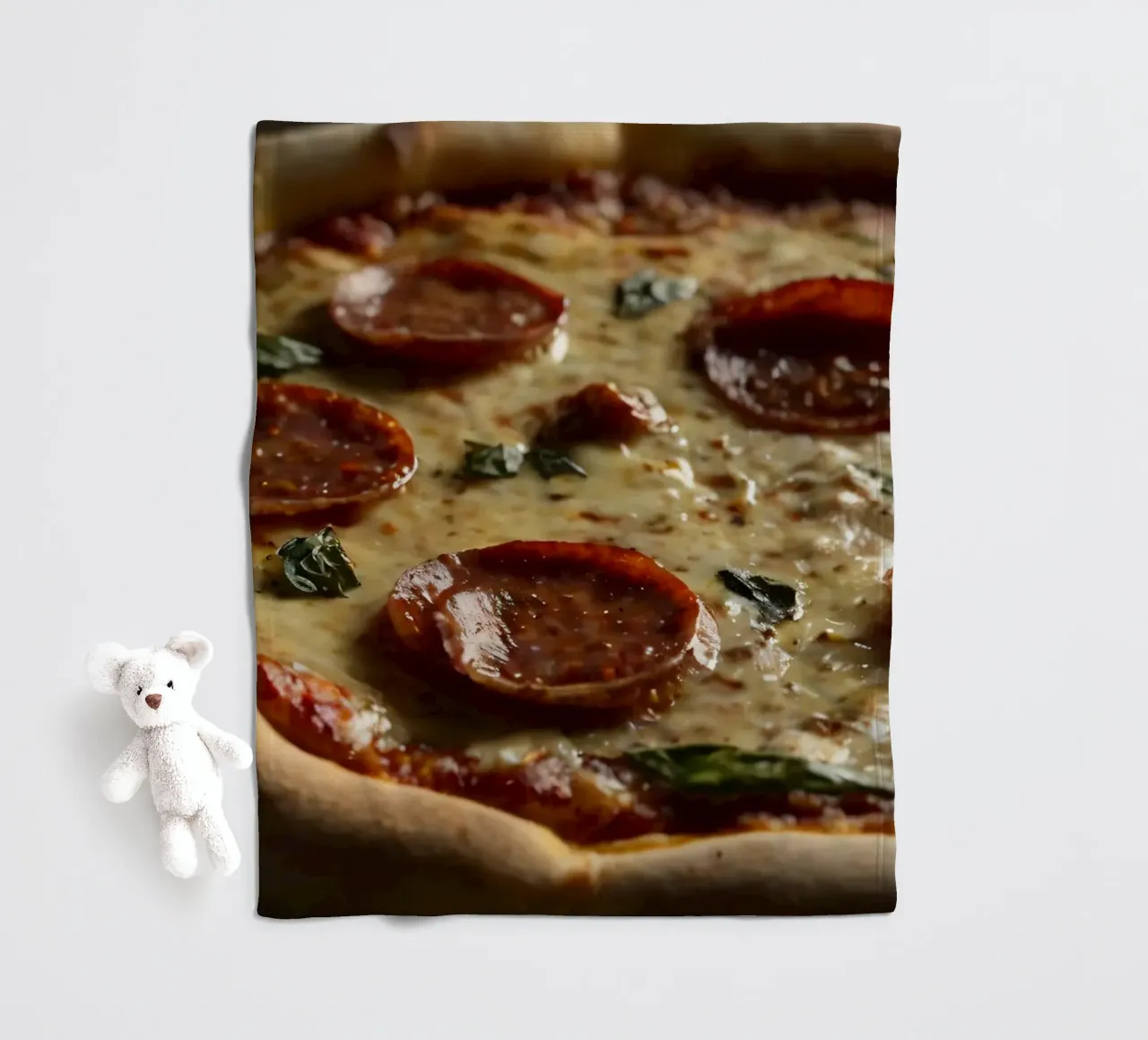 Deliziosa pizza al salame piccante condita con basilico fresco servita coperta in pile da DesignDoodle