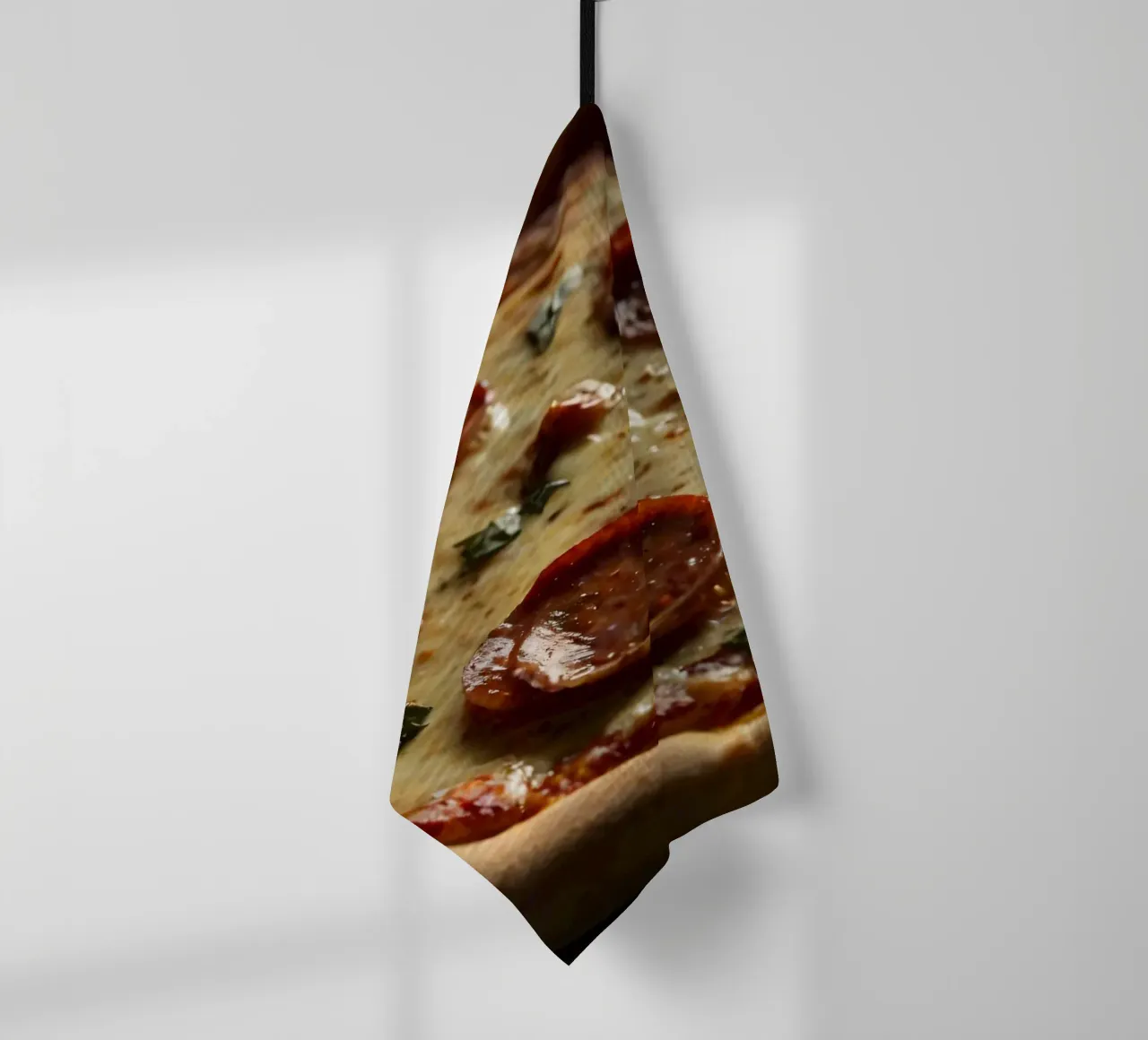 Deliziosa pizza al salame piccante condita con basilico fresco servita canovaccio da cucina da DesignDoodle