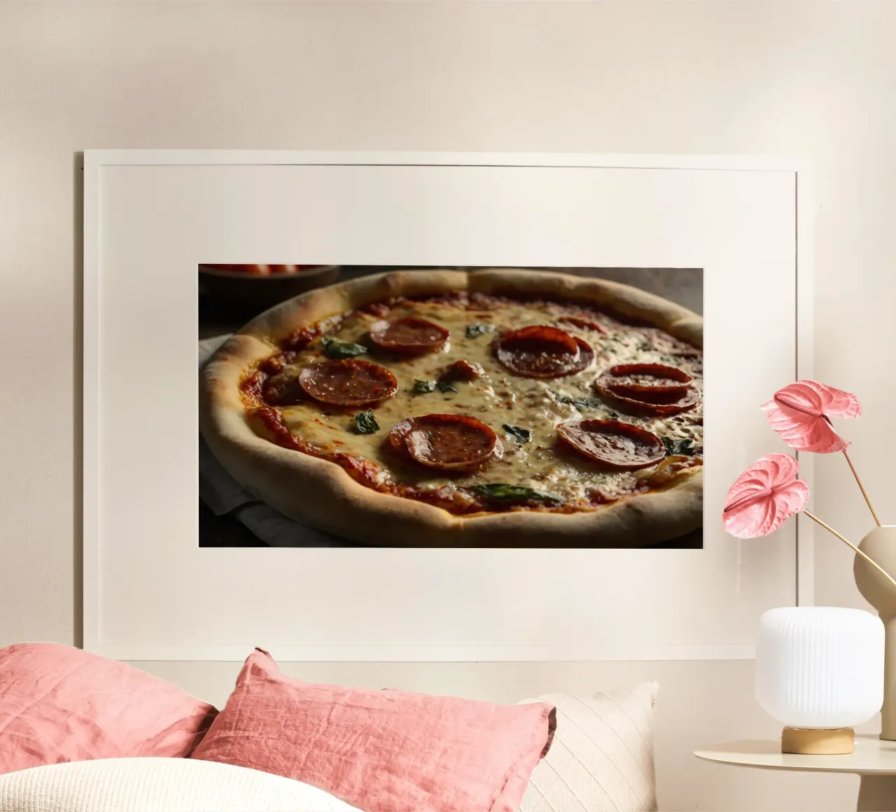 Deliziosa pizza al salame piccante condita con basilico fresco servita carta hahnemühle da DesignDoodle