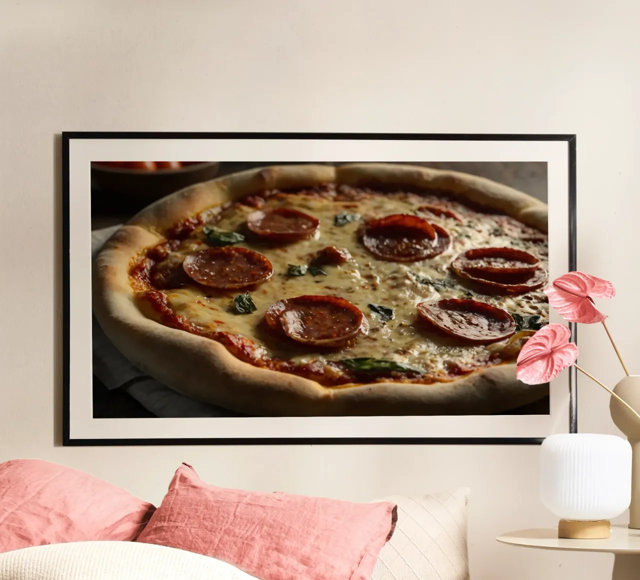 Deliziosa pizza al salame piccante condita con basilico fresco servita carta hahnemühle da DesignDoodle