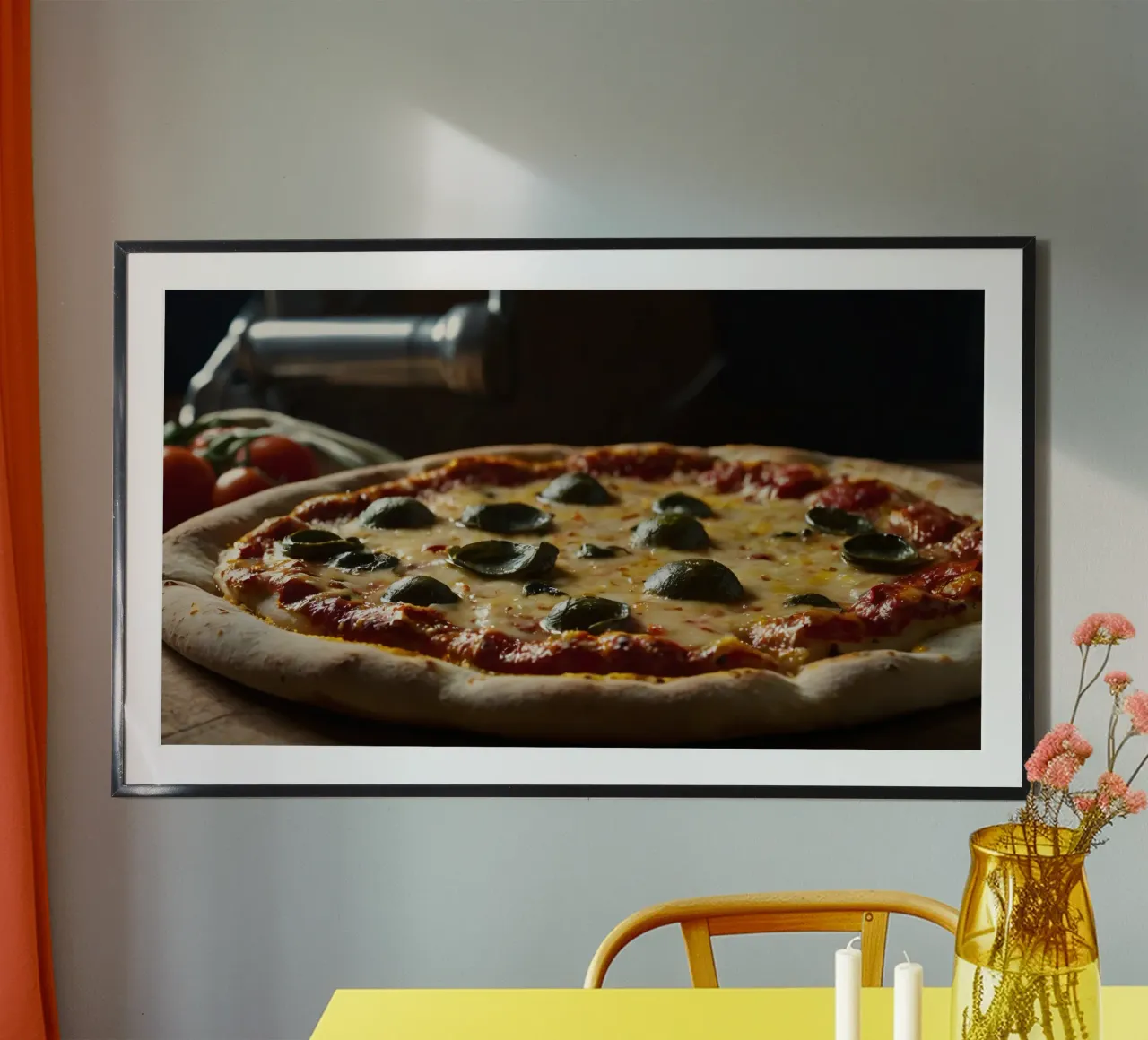 Deliziosa pizza fatta in casa condita con basilico fresco e mozzarelle carta hahnemühle da DesignDoodle