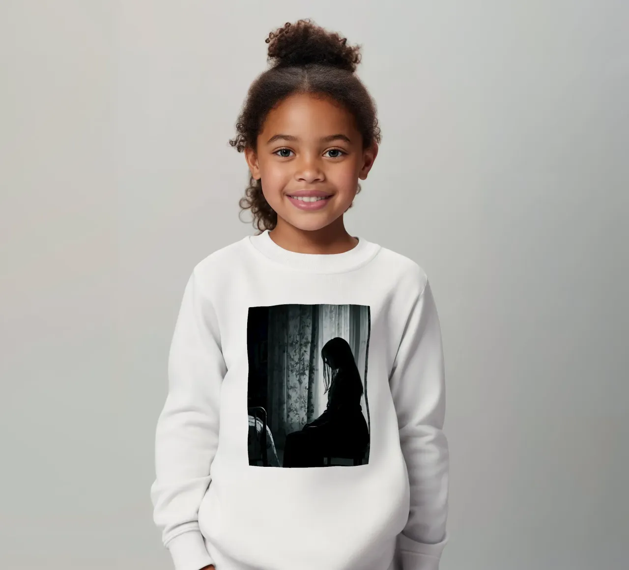 Una ragazza siede in silenzio in una stanza poco illuminata, contemplando la vita felpa bambino da DesignDoodle