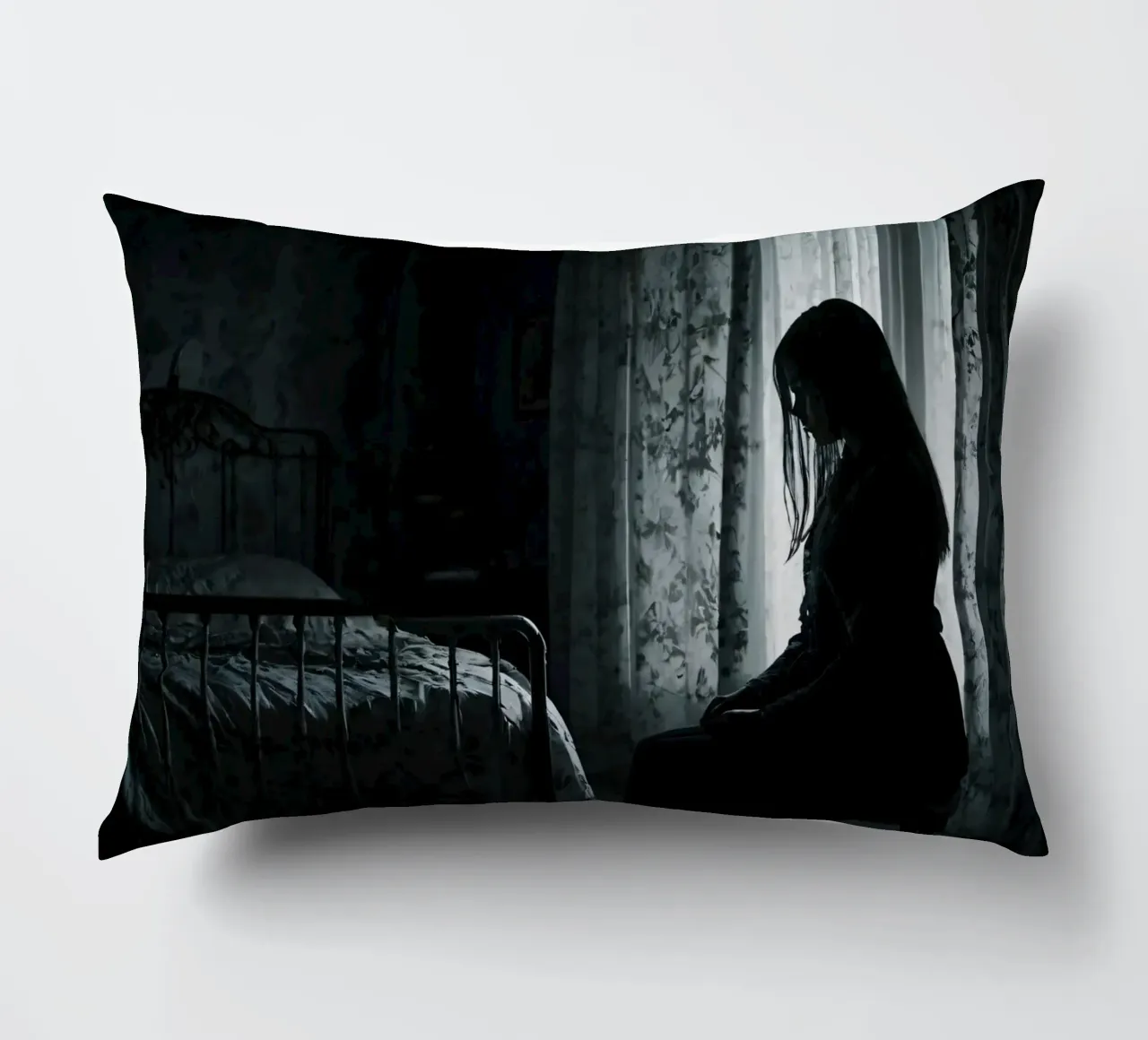 Una ragazza siede in silenzio in una stanza poco illuminata, contemplando la vita cuscino da DesignDoodle