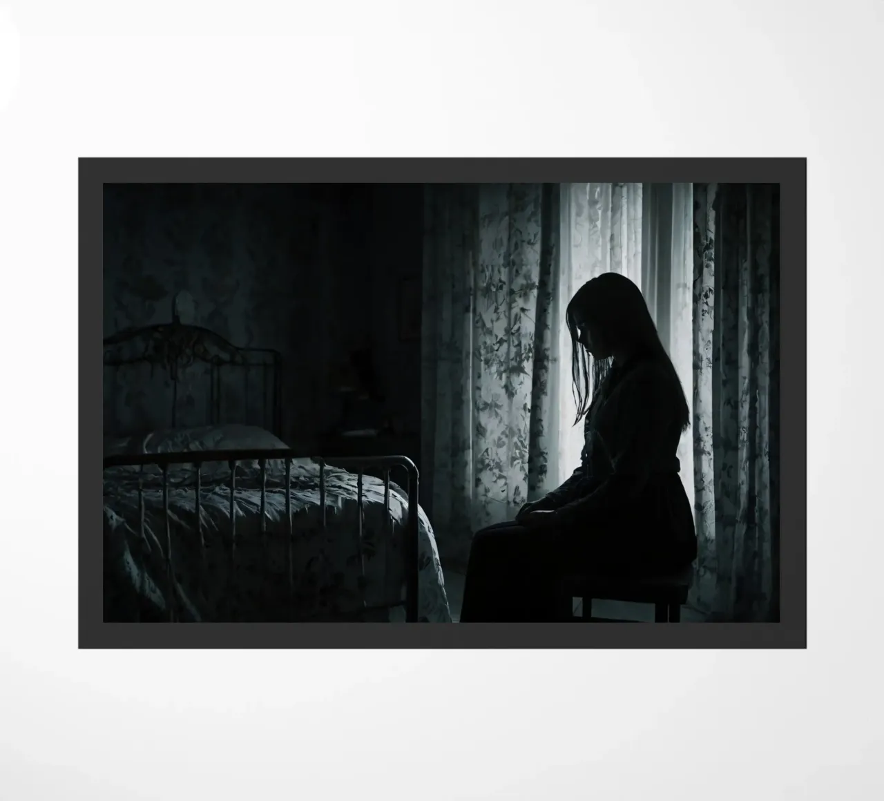Una ragazza siede in silenzio in una stanza poco illuminata, contemplando la vita zerbino da DesignDoodle