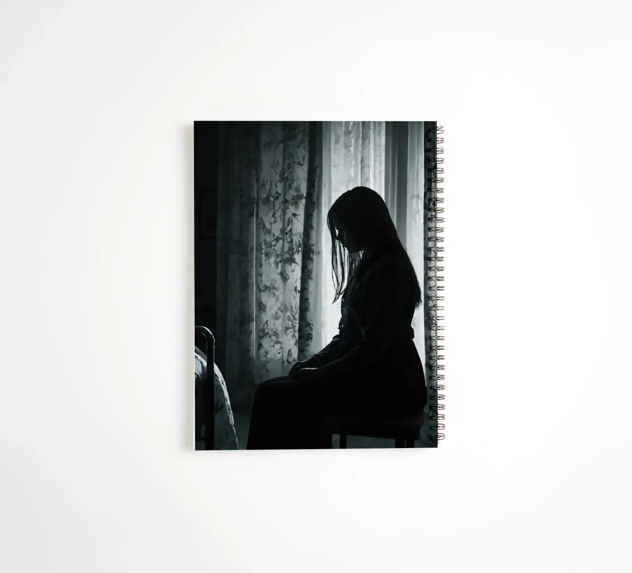 A girl sits silently in a dimly lit room, contemplating life spiral notebook by DesignDoodle