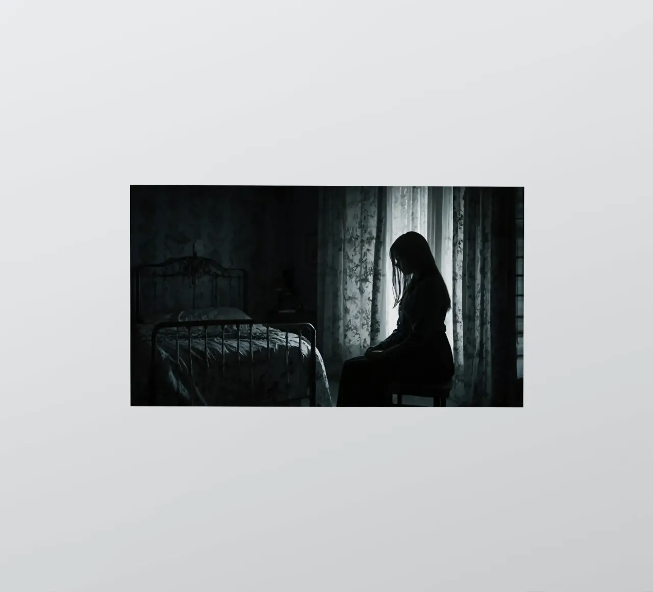 Una ragazza siede in silenzio in una stanza poco illuminata, contemplando la vita adesivo da DesignDoodle