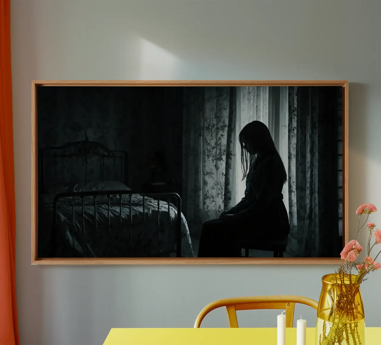 A girl sits silently in a dimly lit room, contemplating life canvas by DesignDoodle