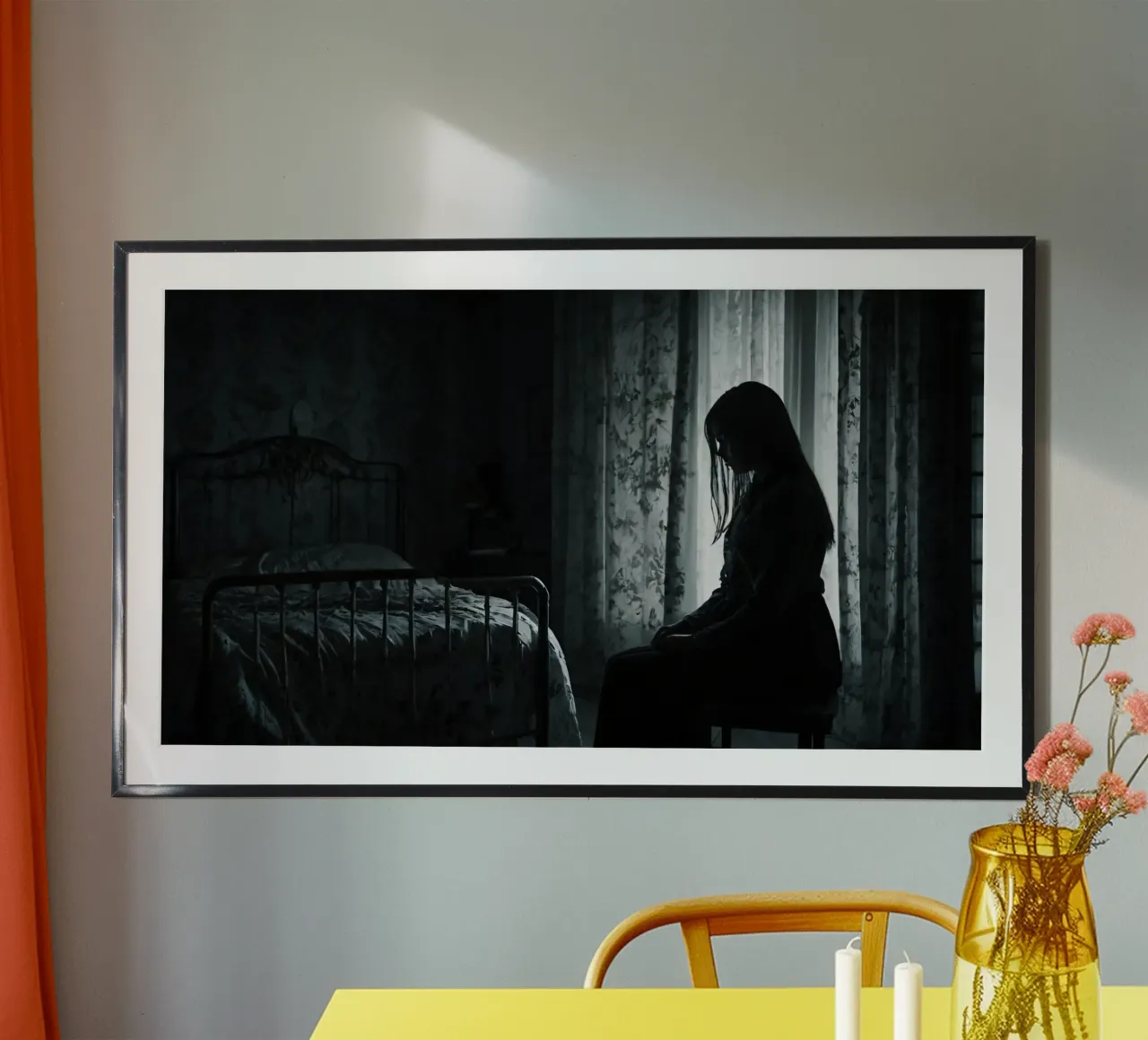 Una ragazza siede in silenzio in una stanza poco illuminata, contemplando la vita poster con telaio in legno da DesignDoodle