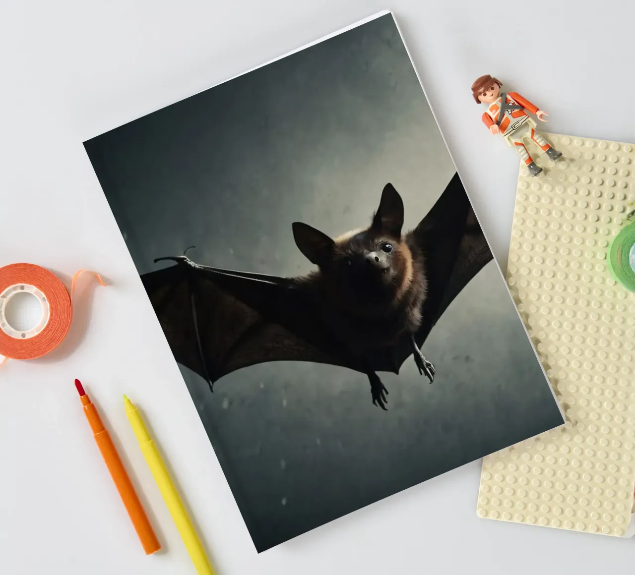 A bat flying in a dark cave with a dramatic backdrop, showca notebook by DesignDoodle