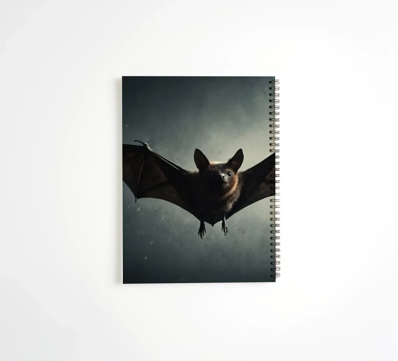 A bat flying in a dark cave with a dramatic backdrop, showca spiral notebook by DesignDoodle