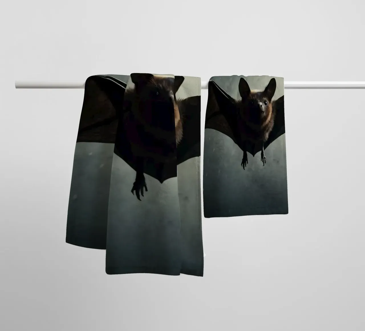 A bat flying in a dark cave with a dramatic backdrop, showca towel by DesignDoodle