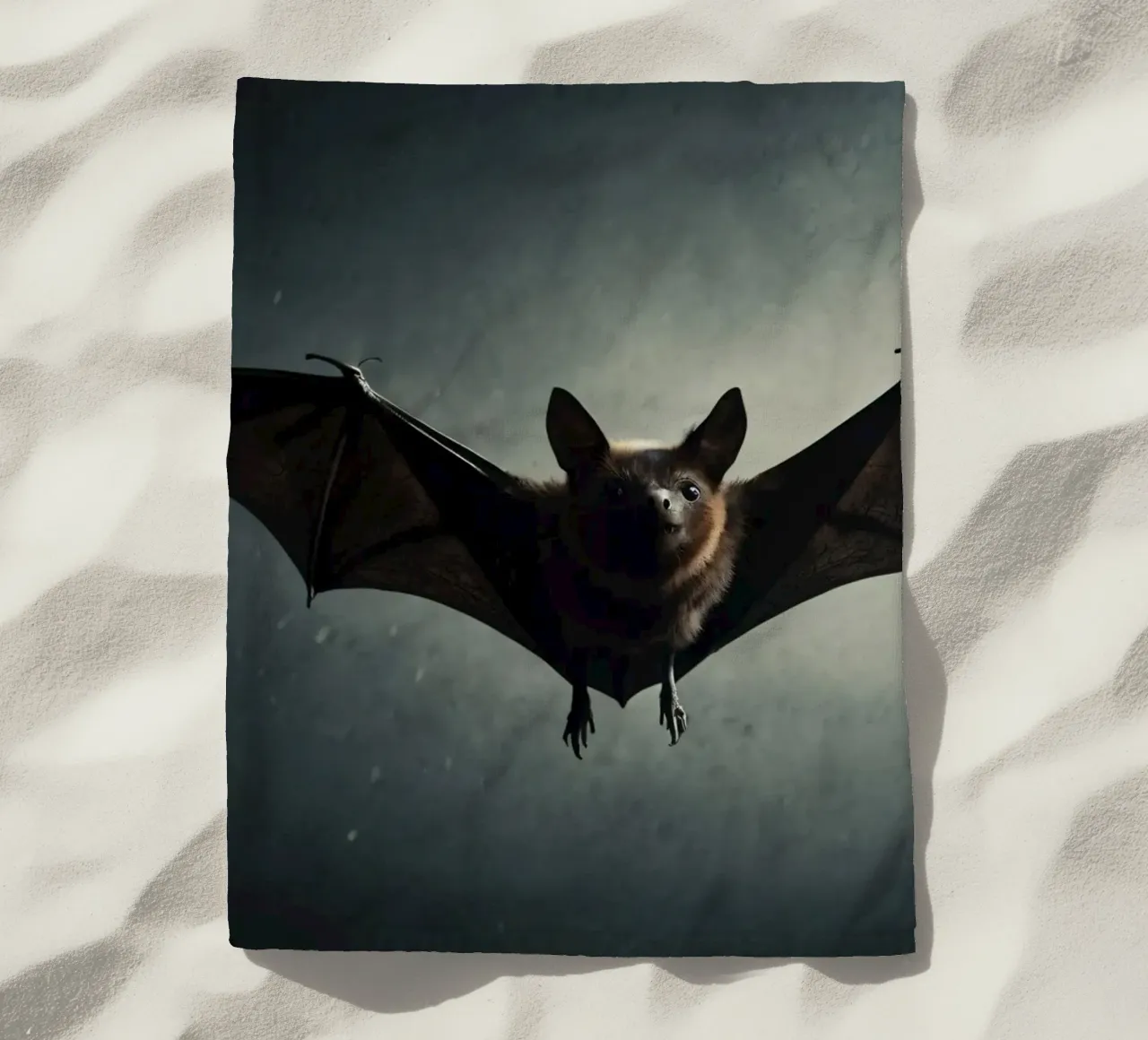 Un pipistrello che vola in una caverna buia con uno sfondo drammatico, mostra telo mare da DesignDoodle