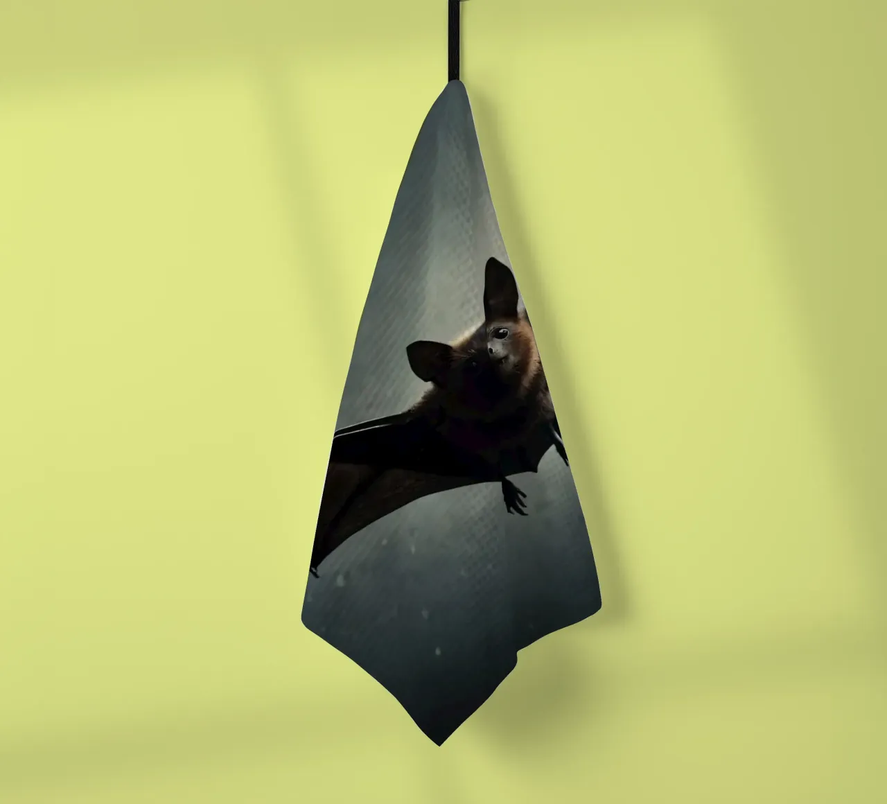 Une chauve-souris volant dans une grotte sombre avec un arrière-plan dramatique. torchon de DesignDoodle