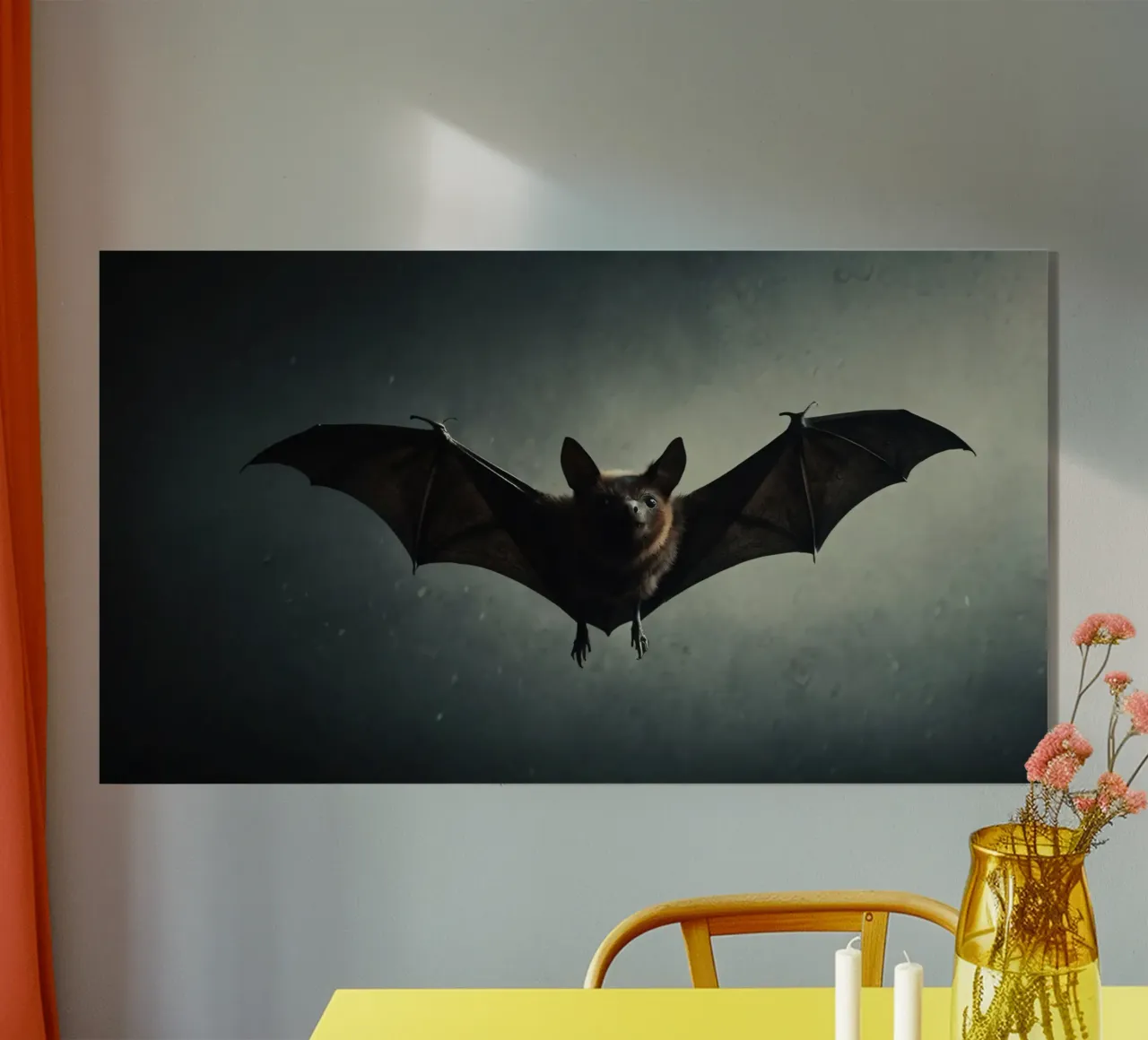 Un pipistrello che vola in una caverna buia con uno sfondo drammatico, mostra plexiglass da DesignDoodle
