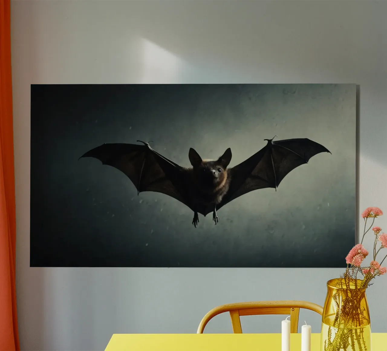 Un pipistrello che vola in una caverna buia con uno sfondo drammatico, mostra alluminio dibond da DesignDoodle