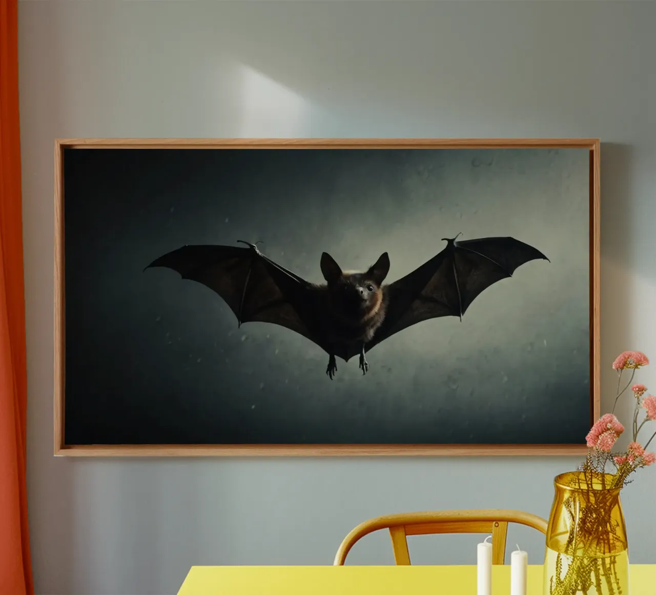 A bat flying in a dark cave with a dramatic backdrop, showca canvas by DesignDoodle