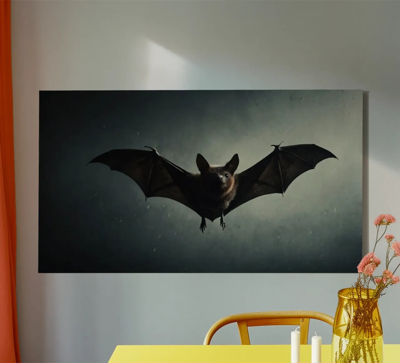 A bat flying in a dark cave with a dramatic backdrop, showca canvas by DesignDoodle