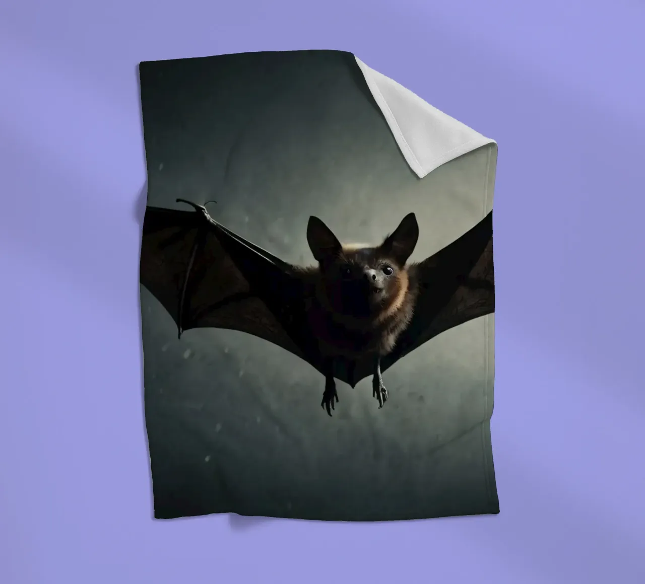 Un pipistrello che vola in una caverna buia con uno sfondo drammatico, mostra coperta in pile da DesignDoodle