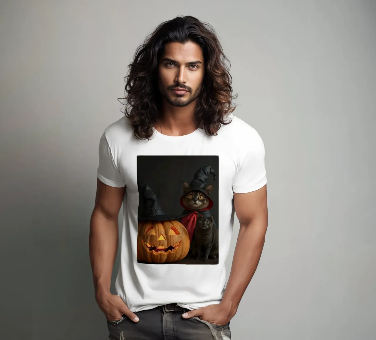 Gatti con cappelli da mago posano accanto a una zucca intagliata t-shirt da DesignDoodle