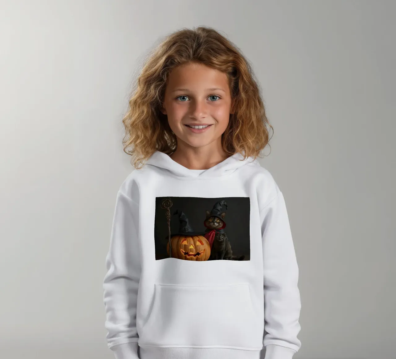 Gatti con cappelli da mago posano accanto a una zucca intagliata felpa bambino con cappuccio da DesignDoodle