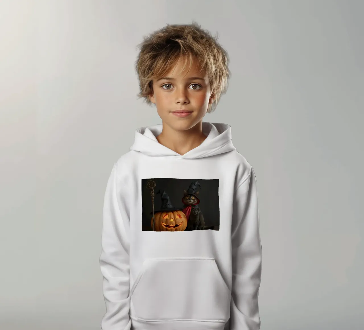 Gatti con cappelli da mago posano accanto a una zucca intagliata felpa bambino con cappuccio da DesignDoodle