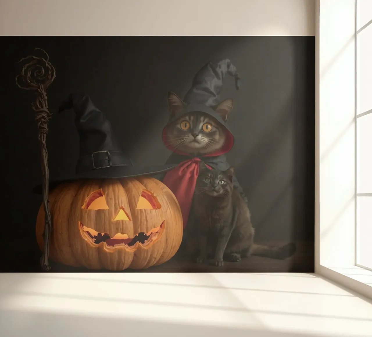 Cats in wizard hats pose beside a carved pumpkin photo wallpaper by DesignDoodle