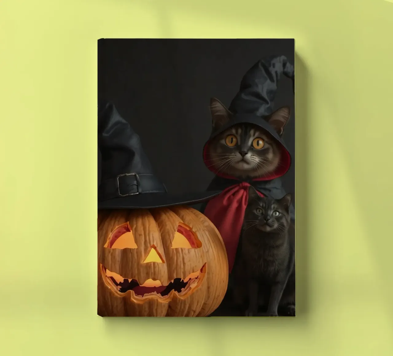 Cats in wizard hats pose beside a carved pumpkin notebook by DesignDoodle