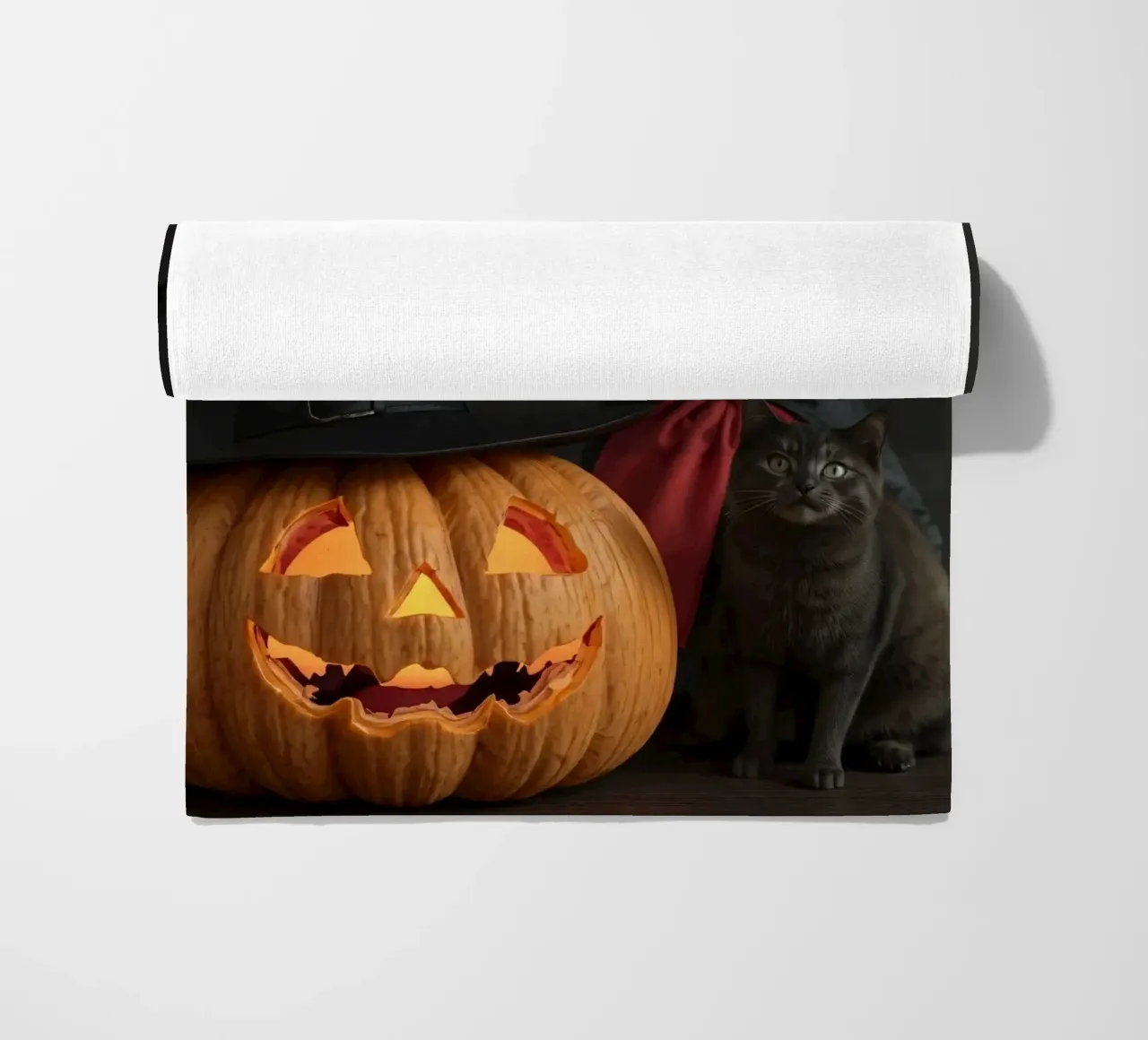 Gatti con cappelli da mago posano accanto a una zucca intagliata telo mare da DesignDoodle